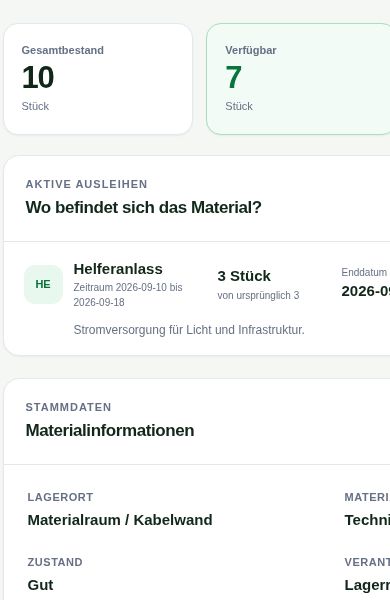 Matrivo Detailansicht mit Bestand und aktiver Ausleihe auf dem Smartphone